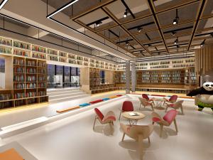 四周装饰实木书架的现代图书馆、阅览室