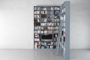 灰色工业风转折书架、书籍