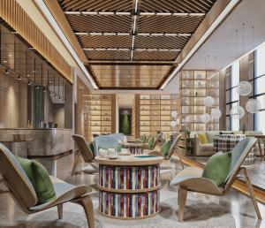 带有水吧台、圆桌可收纳图书的北欧书店