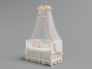 带有围栏、纱幔蚊帐的白色婴儿床