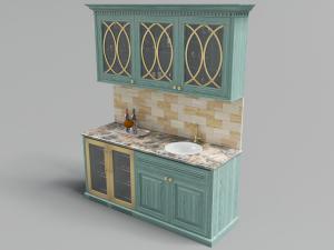 地中海孔雀蓝带有玻璃柜门的橱柜