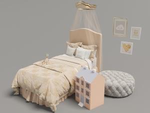 欧式带有米色布艺床品、床幔和坐墩的儿童床