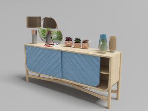 北欧蓝色斜纹柜门实木装饰柜、圆镜和饰品组合