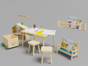 实木儿童书桌、方凳和玩具收纳架组合3d模型 实木儿童书桌、方凳和玩具收纳架组合