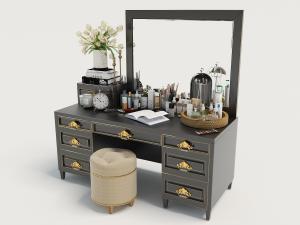 简欧黑色带金色雕花拉手的梳妆台、坐凳