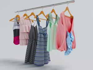 挂在衣杆上的女士连衣裙、上衣服装3d模型 挂在衣杆上的女士连衣裙、上衣服装