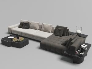 现代白色军绿色拼接转角长沙发、茶几和边几组合