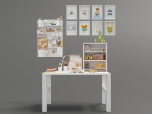 白色现代书桌、台灯和墙面收纳架3d模型 白色现代书桌、台灯和墙面收纳架