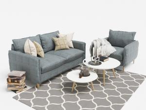 灰色北欧布艺双人沙发、单人沙发和圆形茶几组合