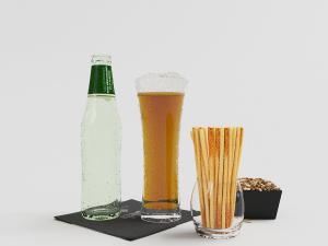 瓶装汽水、杯子里的啤酒饮料