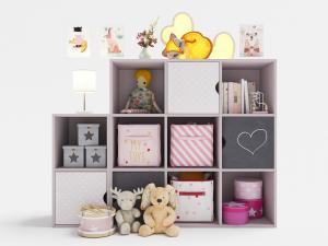 带有收纳篮、卡通玩具的儿童收纳柜