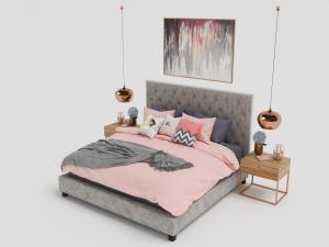 北欧灰色菱形软包床头双人床、床头吊灯