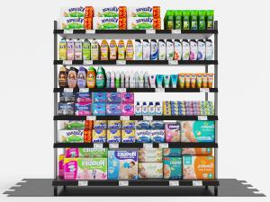 摆满洗化用品、尿不湿的货架