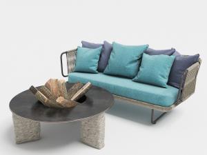 户外藤编双人沙发、蓝色坐垫搭配圆形茶几