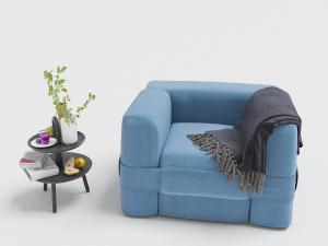 美式蓝色单人沙发、双层圆形茶几