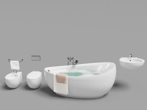 卫生间白色陶瓷马桶、洗手盆和弧形浴缸