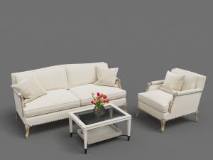简欧米白色带有铆钉的双人沙发、单人沙发和茶几组合