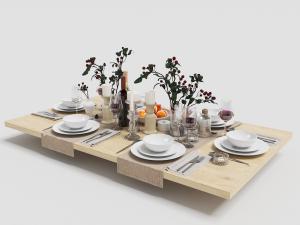 餐桌上的陶瓷碗碟、高脚杯和刀叉餐具组合3d模型 餐桌上的陶瓷碗碟、高脚杯和刀叉餐具组合
