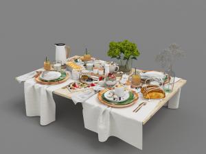 摆满食物饮料、餐盘和餐巾的餐具组合3d模型 摆满食物饮料、餐盘和餐巾的餐具组合