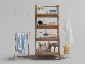 卫生间梯形实木置物架、卫浴用品和毛巾架