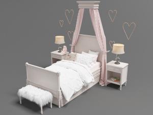 简欧白色带有床幔的儿童单人实木床