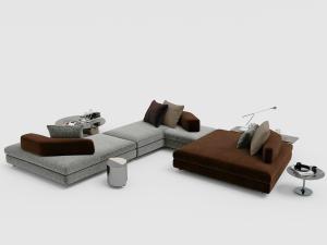 现代转角拼接多人沙发、圆形茶几、边几