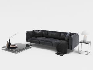 现代黑色皮革软包多人沙发、边几和方形茶几