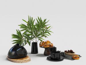 黑色陶瓷茶壶、咖啡杯、装满食物的碗碟餐具组合3d模型 黑色陶瓷茶壶、咖啡杯、装满食物的碗碟餐具组合