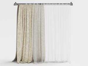 带有窗帘杆、窗纱的浅黄色窗帘