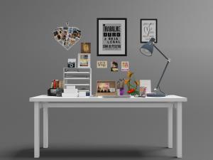 现代白色书桌、文具、台灯和装饰画3d模型 现代白色书桌、文具、台灯和装饰画