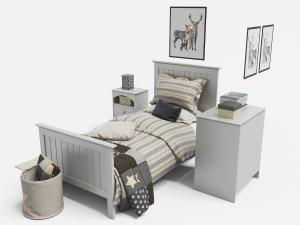 北欧儿童实木单人床、书桌和床头柜