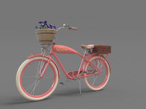 现代珊瑚红带竹筐的自行车