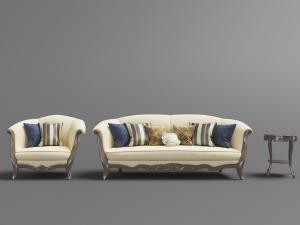 欧式实木边框花朵状靠背的双人沙发、单人沙发和边几