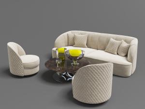 米白色菱形图案布艺靠背双人沙发、单人沙发和茶几