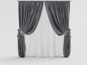 现代深灰色带窗纱窗帘