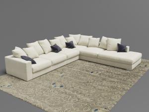 现代奶黄色转角多人沙发、地毯