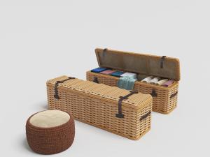 藤制编织长方形可收纳坐墩、圆形编织坐墩