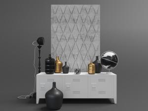 北欧白色铁皮装饰柜、落地灯和饰品摆件