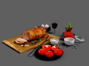 菜板烤架上的烤肉、盘内西红柿和调味品的水果食物