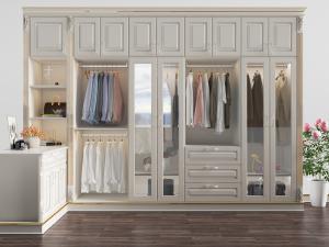 欧式白色带雕花构件和顶柜的更衣柜、斗柜