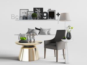 北欧金色圆形茶几、灰色休闲椅和墙面装饰收纳架3d模型 北欧金色圆形茶几、灰色休闲椅和墙面装饰收纳架