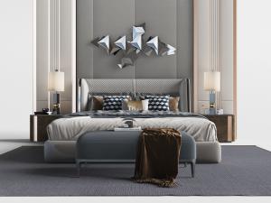 现代皮革细小菱形纹理床头的双人床、床尾凳