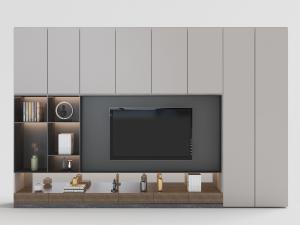 新中式灰色系带收纳柜的电视背景墙