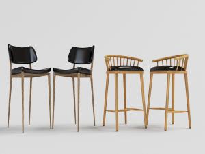 北欧实木支架的黑色皮革坐垫带靠背的吧台椅