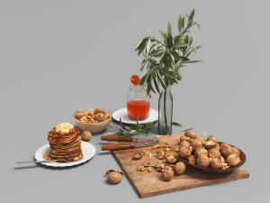 菜板上开裂的核桃、千层饼点心和果酱食物