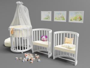 白色半圆形栏杆儿童椅、圆形婴儿床