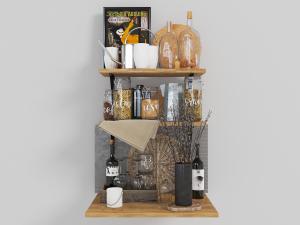 墙面上粮食收纳罐、红酒瓶收纳架隔板