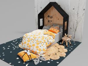 装饰有小木屋床头的儿童床