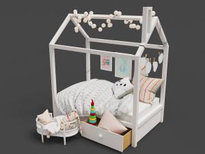 小木屋造型装饰有花灯的儿童床
