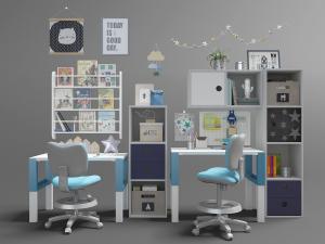 北欧儿童带收纳柜的书桌转椅组合3d模型 北欧儿童带收纳柜的书桌转椅组合